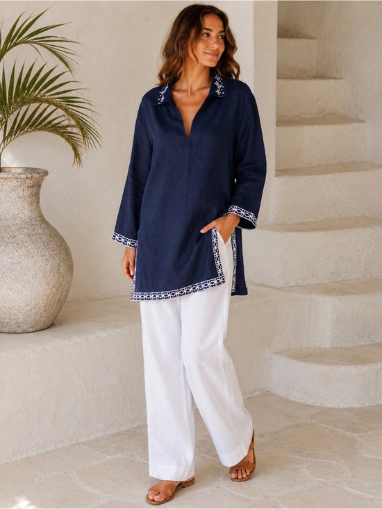 Neiman Marcus Tops - NM Neiman Marcus 100% Linen Navy Embroidered Tunic Dress XL Boho Coastal